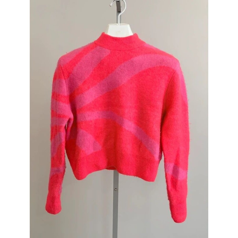ZARA Pink Burgundy Jacquard Wave Mock Neck Cropped Sweater Women's M